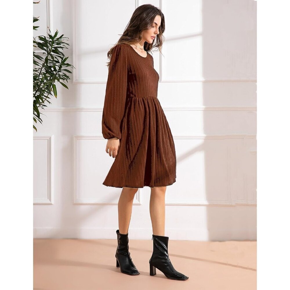 Women's Knit Sweater Dress with Pockets Crew Neck Long Sleeve A-Line - Picture 4 of 6
